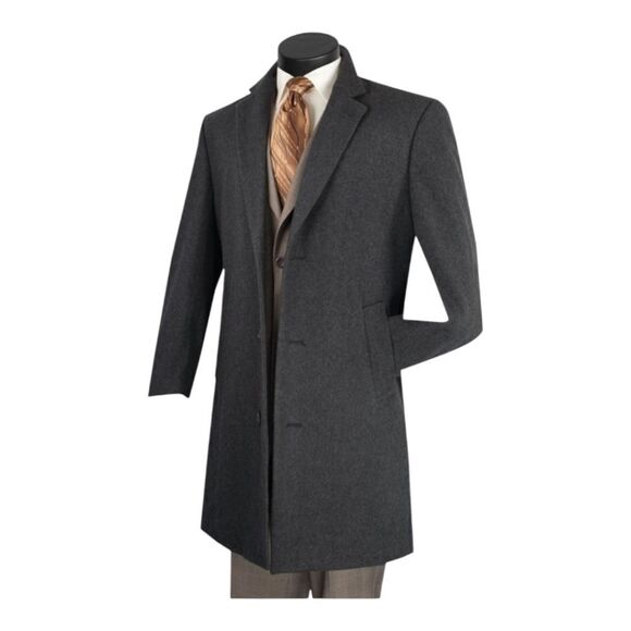 MEN'S VINCI 3/4 38" LENGTH. CHARCOAL CASHMERE BLEND TOP COAT. CL38 - Picture 2 of 2
